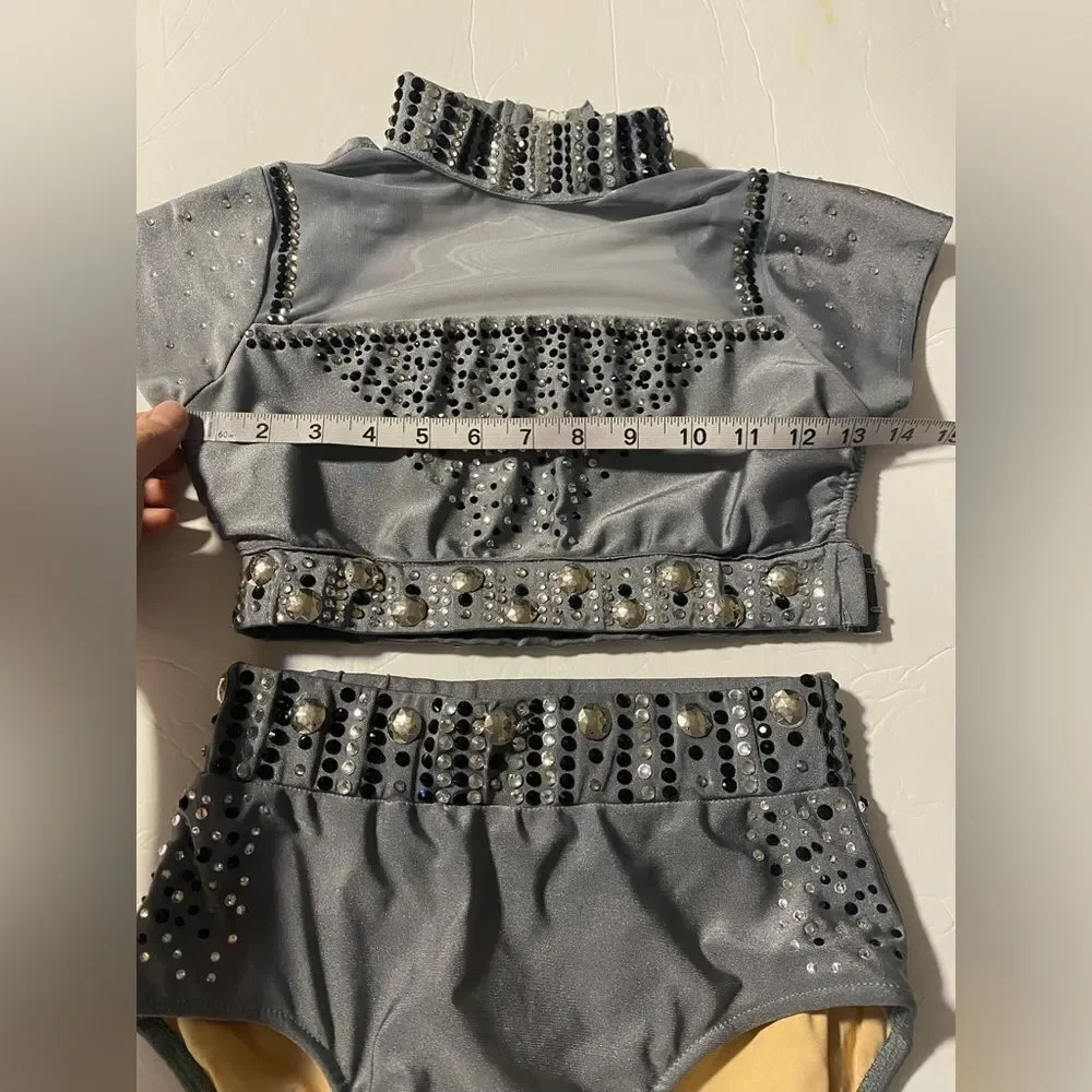 Glamour solo dance costume 2 piece gray embellished rhinestone SA adult
